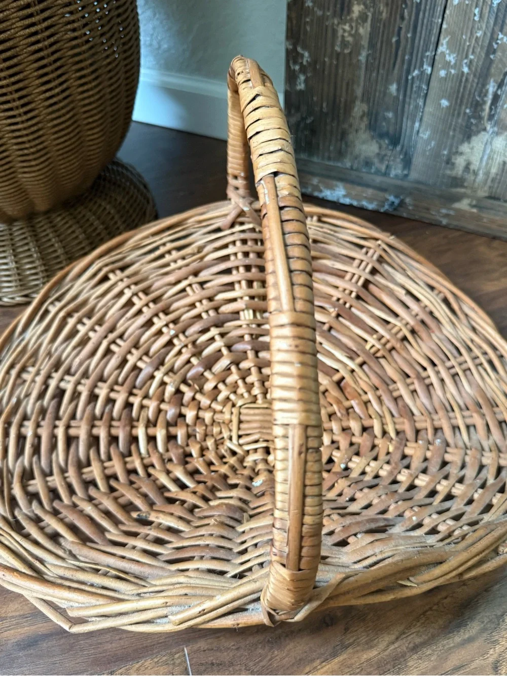 Large Mid Century French Style Flower Gathering Wicker Basket with Handle